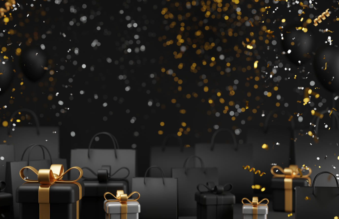 Cadeaus, winkeltassen en confetti op een zwarte achtergrond